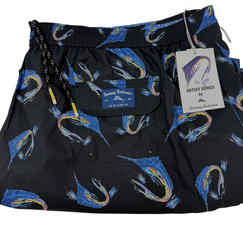 Tommy Bahama Mens 5XLB Baja Marlin Splash Artist Series Swim Trunks Black NEW